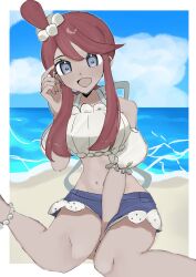 Rule 34 | 1girl, beach, blue eyes, breasts, cloud, crop top, dark-skinned female, dark skin, highres, large breasts, long hair, looking at viewer, motomu22, nintendo, ocean, pokemon, pokemon bw, pokemon masters ex, red hair, sand, shorts, sitting, skyla (pokemon), skyla (summer 2025) (pokemon), water