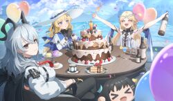 &gt;_&lt; 3girls absurdres balloon black_collar black_gloves black_horns black_jacket black_pants blonde_hair blue_sash blue_sky blush bottle breasts cake cake_slice cartethyia_(wuthering_waves) closed_eyes closed_mouth coffee_mug collar commentary_request confetti crown_of_thorns cube_(wuthering_waves) cup day drinking_glass earrings female_rover_(wuthering_waves) food gloves grey_hair hair_between_eyes hair_ornament highres holding holding_bottle holding_cup horns jacket jacket_on_shoulders jewelry key_earrings large_breasts long_hair long_sleeves looking_at_viewer mole mole_under_eye mug multiple_girls necktie open_mouth outdoors pants parted_lips phoebe_(wuthering_waves) pla0658 pointy_ears red_eyes red_necktie rover_(wuthering_waves) sash shirt sitting sky smile sweatdrop tabard table water white_shirt white_tabard worried wuthering_waves x_hair_ornament zani_(wuthering_waves)