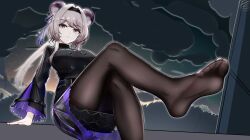 1girl absurdres animal_ears arknights black_dress black_hairband breasts brown_pantyhose chinese_commentary closed_mouth commentary_request dress feet foot_out_of_frame glint grey_hair hair_intakes hair_ornament hairband highres leg_up light_smile lin_(arknights) long_hair long_sleeves looking_at_viewer no_shoes pantyhose partial_commentary pink_eyes presenting_foot short_dress sitting soles solo toes xiwang_ni_kaixin_de_suo_suo_zi