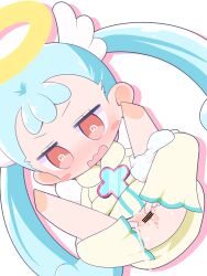 1girl @_@ anus bar_censor blue_hair blush blush_stickers cello_(20000) censored doki_doki_majo_shinpan embarrassed female_focus halo loli long_hair lulu_(doki_doki_majo_shinpan) no_feet open_mouth panties_around_leg peeing pussy pussy_juice red_eyes solo spread_legs spread_pussy spreading_own_pussy twintails webp-to-png_conversion wings