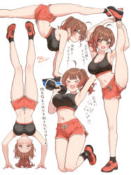 &gt;_&lt; 1girl absurdres ahoge armpits bare_legs black_sports_bra blush breasts brown_hair cleavage collarbone commentary_request dumbbell gakuen_idolmaster gradient_hair hanami_ume handstand highres hoshinopurin idolmaster large_breasts linea_alba looking_at_viewer multicolored_hair multiple_views navel orange_hair orange_shoes ponytail shoes simple_background smile sneakers split sports_bra standing standing_on_one_leg standing_split stomach translation_request white_background
