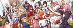 4boys 6+girls aesc_(fate) aesc_(rain_witch)_(fate) animal_ears armor artoria_caster_(fate) artoria_caster_(second_ascension)_(fate) artoria_pendragon_(fate) aurora_(fate) baobhan_sith_(fate) baobhan_sith_(first_ascension)_(fate) steamed_bun bare_shoulders barghest_(fate) barghest_(swimsuit_archer)_(fate) barghest_(swimsuit_archer)_(second_ascension)_(fate) black_armor black_cape black_fur black_hair black_suit blonde_hair blue_cape blue_eyes blue_gloves blue_hat blush braid breasts burger cape cernunnos_(fate) closed_eyes cnoc_na_riabh_(fate) coat coral_(fate) cup detached_sleeves dress eating fate/grand_order fate_(series) feeding food formal_clothes frilled_dress frills fujimaru_ritsuka_(female) fujimaru_ritsuka_(male) fur-trimmed_cape fur_trim furry furry_male gareth_(fate) glasses gloves green_eyes green_hat grey_eyes grey_hair habetrot_(fate) hair_ornament hair_ribbon ham hand_up hat heterochromia highres holding holding_cup holding_plate kazuradrop_(fate) kotatsu koyanskaya_(british_lostbelt_outfit)_(fate) koyanskaya_(fate) lankuchashuangjielong long_hair maid maid_headdress mash_kyrielight mash_kyrielight_(demi-servant) medb_(fate) melusine_(fate) melusine_(second_ascension)_(fate) morgan_le_fay_(fate) multiple_boys multiple_girls murian_(fate) oberon_(fate) oberon_(third_ascension)_(fate) open_mouth orange_hair percival_(fate) pink_eyes pink_hair pink_hat pizza plate pointy_ears purple_hair red_dress red_eyes red_hair ribbon round_eyewear shirt short_hair sidelocks smile suit table tamamo_(fate) turn_pale twintails wavy_mouth white_coat white_dress white_fur white_hair white_shirt witch_hat wolf_boy wolf_ears woodwose_(fate) yellow_eyes