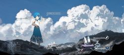 1girl absurdres asteroid_ill bad_id bad_twitter_id baggy_pants blue_eyes blue_hair blush cloud cloudy_sky commentary creatures_(company) day fishing_line fishing_rod game_freak gen_1_pokemon gen_3_pokemon heads-up_display highres lana_(pokemon) looking_at_viewer nintendo open_mouth outdoors pants pokemon pokemon_(creature) pokemon_sm scenery shellder sky sleeveless smile translated user_interface wingull