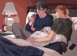 3boys alcohol aohitsugi_samatoki bed black_hair brown_hair busujima_rio_mason cup gloves green_eyes highres holding holding_cup hypnosis_mic iruma_jyuto jewelry male_focus multicolored_eyes multiple_boys nyo6 purple_eyes shirt sleeping white_hair wine