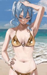 1girl :o alternate_breast_size arm_up armpits beach bikini blue_eyes blue_hair blue_sky blush breasts cloud cloudy_sky collarbone double-parted_bangs gold_bikini golden_week golden_week_bikini hair_between_eyes hand_on_own_head hand_on_own_hip highres hololive hoshimachi_suisei long_hair looking_at_viewer medium_breasts navel nekoshima_kaede open_mouth outdoors side_ponytail sky solo star_(symbol) star_in_eye stomach swimsuit symbol_in_eye virtual_youtuber water wet