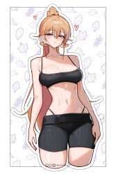 1girl absurdres black_shorts black_sports_bra blonde_hair blush breasts commentary cropped_legs english_commentary hair_between_eyes highleg highleg_panties highres inhoso large_breasts long_hair looking_at_viewer midriff nakiri_erina panties panty_straps ponytail purple_eyes shokugeki_no_souma short_shorts shorts sports_bra sweat underwear