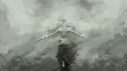 1boy absurdres eight-handed_wheel floating head_tail highres jujutsu_kaisen mahoraga_(jujutsu_kaisen) monster nitrovu pale_skin shikigami solo sword_of_extermination teeth wheel wheel_of_dharma wide_shot wing_eyes wings wrist_blades