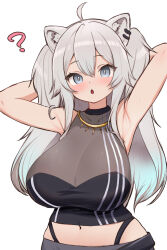 1girl :o ? ahoge animal_ears armpits arms_behind_back blush breasts commentary_request grey_eyes grey_hair hair_between_eyes highres hololive huge_breasts kani_bonara lion_ears lion_girl long_hair looking_at_viewer navel shirt shishiro_botan shishiro_botan_(1st_costume) simple_background sleeveless sleeveless_shirt solo stomach upper_body virtual_youtuber white_background