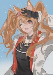 1girl ;d angelina_(arknights) animal_ear_fluff animal_ears arknights arm_up black_gloves black_shirt blush brown_hair collarbone commentary_request fang gloves grey_jacket hair_between_eyes hairband highres jacket long_sleeves looking_at_viewer one_eye_closed open_clothes open_jacket open_mouth puffy_long_sleeves puffy_sleeves red_eyes red_hairband shirt shixiaoyao177 smile solo striped_clothes striped_hairband twintails upper_body