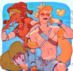 2boys abs arm_on_another&#039;s_shoulder bandaged_arm bandages bandaid bandaid_on_arm beachrat belt belt_buckle blonde_hair blue_male_swimwear border brown_belt brown_eyes brown_hair buckle capoeira_lucio chest_belt collarbone commentary dark-skinned_male dark_skin dreadlocks eyes_visible_through_eyewear feet_out_of_frame finger_in_own_mouth fingerless_gloves food food_in_mouth gloves green_pants groin hat highres holding holding_food holding_popsicle inflatable_armbands innertube junkrat_(overwatch) kanataria lucio_(overwatch) male_focus male_swimwear multiple_boys musical_note open_mouth overwatch overwatch_1 pants pectorals popsicle prosthesis prosthetic_arm prosthetic_leg red-framed_eyewear red-tinted_eyewear rubber_duck swim_ring swim_trunks symbol-only_commentary teeth thick_eyebrows tinted_eyewear tongue topless_male visor_cap white_border yellow_gloves yellow_innertube