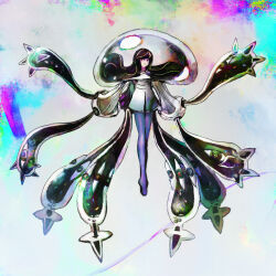 Rule 34 | 1girl, black hair, byte (grunty-hag1), closed mouth, commentary request, dress, full body, gen 7 pokemon, long hair, lusamine (pokemon), lusamine fused (pokemon), nihilego, nintendo, no shoes, official alternate hair color, pantyhose, pokemon, pokemon (creature), pokemon sm, purple pantyhose, spoilers, tentacles, ultra beast