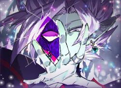 1boy black_bodysuit bodysuit colored_sclera colored_skin dragon_ball dragon_ball_super earrings fused_zamasu green_skin grey_eyes heterochromia jewelry long_sleeves looking_ahead melting mismatched_pupils mismatched_sclera multicolored_skin mutation pink_eyes pointy_ears potara_earrings purple_skin reaching reaching_towards_viewer ring solo spiked_hair v621 white_hair yellow_sclera