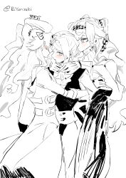 Rule 34 | 3girls, absurdres, ascot, blush, checkered hairband, commentary, dress, dual persona, elbow gloves, girl sandwich, gloves, greyscale, hairband, hand on another&#039;s neck, hashtag-only commentary, highres, long hair, long sleeves, monochrome, multiple girls, official alternate costume, reverse:1999, sandwiched, sonetto (parade anthem) (reverse:1999), sonetto (reverse:1999), spot color, twitter username, two side up, vertin (reverse:1999), vest, ying (suetmo), yuri
