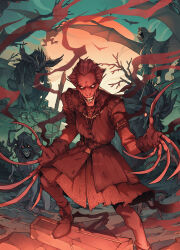 1boy 1girl bare_tree blood boots emiel_regis evil_grin evil_smile fingerless_gloves full_moon gloves graveyard grin highres looking_at_viewer maeters monster moon night pointy_ears sharp_teeth smile teeth the_witcher_(series) tree vampire very_long_fingernails