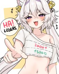 animal_ears bell cat_ears filian_(vtuber) hair_bell hair_ornament indie_virtual_youtuber moshiedraws navel open_mouth pointing pointing_at_viewer purple_eyes shirt single_bare_shoulder torn_clothes torn_shirt twintails twitter_cutting_game twitter_strip_game virtual_youtuber white_hair white_shirt