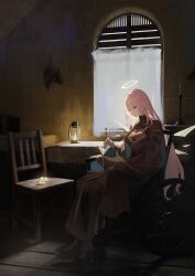 1girl arknights backlighting book candle candlestand chair commentary_request dress halo highres holding holding_book indoors lantern lemuen_(arknights) long_hair nanase_(nanase_cg) open_book pink_eyes pink_hair reading smile solo table very_long_hair wheelchair window wooden_floor