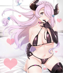 1girl bikini black_bikini black_gloves black_thighhighs blush braid breasts choker crown_braid draph elbow_gloves gloves granblue_fantasy hair_ornament hair_over_one_eye hairclip hataraki_kuma heart horns kneeling large_breasts licking licking_finger light_purple_hair long_hair micro_bikini narmaya_(granblue_fantasy) navel on_bed pointy_ears purple_eyes single_thighhigh smile solo strap_slip swimsuit thigh_strap thighhighs tongue tongue_out very_long_hair window