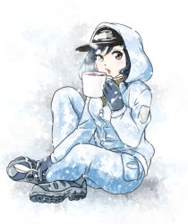 1girl anonymous_(japanese) blowing_on_food blue_hair boots breasts camouflage camouflage_hoodie camouflage_jacket cup green_sweater hat holding holding_cup holding_spoon hood hoodie hot_chocolate jacket japanon kraken_(japanon) light_blush long_hair looking_at_viewer medium_breasts non-web_source original pants partially_unzipped peaked_cap red_lips snowing soldier solo spoon squid_print sweater turtleneck white_hoodie white_jacket white_pants winter winter_clothes zipper zipper_pull_tab