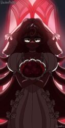 1girl black_forest_cookie bouquet bridal_veil brown_hair cherry cookie_run cookie_run:_kingdom cross-shaped_pupils dark-skinned_female dark_skin dress flower food fruit hair_between_eyes hair_intakes highres holding long_hair looking_at_viewer puffy_short_sleeves puffy_sleeves shadowpastry short_sleeves solo symbol-shaped_pupils veil wedding_dress white_dress white_eyes