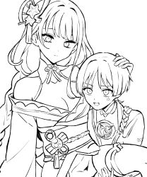 1boy 1girl anger_vein bare_shoulders blunt_bangs blunt_ends breasts carrying carrying_person cleavage closed_eyes closed_mouth expressionless fan_hair_ornament fingernails flower genshin_impact hair_flower hair_intakes hair_ornament hand_on_another&#039;s_head hand_on_another&#039;s_thigh highres japanese_clothes jewelry kimono kimono_skirt lineart long_hair long_sidelocks long_sleeves looking_at_viewer low-braided_long_hair low-tied_long_hair mandarin_collar mitsudomoe_(shape) mole mole_under_eye monochrome mother_and_son neck_ring obi obiage obijime off_shoulder open_mouth raiden_shogun ribbon rope sash scaramouche_(genshin_impact) shimenawa shrug_(clothing) sidelocks single_sidelock tassel tassel_hair_ornament thigh_grab thighhighs tomoe_(symbol) v1en9144t vision_(genshin_impact)