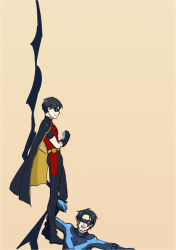Rule 34 | 1boy, animification, batman (series), black hair, black mask, dc comics, dick grayson, domino mask, hologram, mask, multiple persona, nightwing, pants, phenan, robin (dc), short hair, simple background, smile, solo, superhero costume, trust me (durarara!!), two-tone bodysuit, two-tone cape, wrist computer, young justice