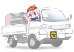1girl car driving highres motor_vehicle red_eyes tires two-tone_cap white_hair