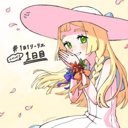 1girl absurdres blonde_hair blush bow collared_dress commentary_request dress eyelashes falling_petals floating_hair green_eyes grin hands_up hat highres hiyokko2min lillie_(pokemon) long_hair nintendo orange_bow own_hands_together petals pokemon pokemon_sm signature sleeveless sleeveless_dress smile solo sun_hat teeth translation_request white_dress white_hat yellow_background
