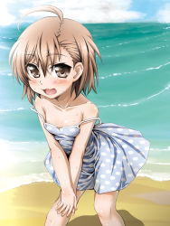 1girl ahoge aru_ra_une beach blush brown_eyes brown_hair cloud day dress female_focus highres last_order_(toaru_majutsu_no_index) outdoors polka_dot sand short_hair sky solo strap_slip sweat toaru_majutsu_no_index