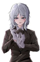 brown_jacket brown_ribbon chanwoo faust_(project_moon) gloves hair_between_eyes highres jacket limbus_company looking_at_viewer official_alternate_costume project_moon ribbon shirt simple_background white_background white_gloves white_hair white_shirt