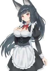 1girl absurdres animal_ear_fluff animal_ears apron black_hair black_skirt blunt_bangs bow bowtie breasts cowboy_shot fox_ears fox_girl highres hoshimi_miyabi huyu_(user_jztp2782) large_breasts long_hair maid red_bow red_bowtie red_eyes skirt white_apron white_background zenless_zone_zero