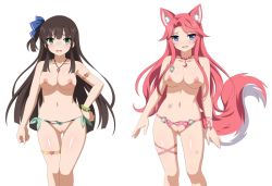 2girls animal_ears armlet bikini black_hair blue_eyes blush bracelet breasts bruise ceri_(sakura_dungeon) clenched_hand embarrassed fox_ears fox_girl fox_tail game_cg green_eyes injury jewelry large_breasts legs long_hair medium_breasts multiple_girls navel necklace nipples nude pink_hair pussy ribbon sakura_dungeon shiny_skin swimsuit tail yomi_(sakura_dungeon)