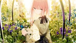 1girl animal animal_on_hand atha_(leejuiping) back_cutout black_skirt blue_butterfly breasts brown_shirt bug butterfly clothing_cutout green_eyes highres insect long_hair long_sleeves looking_back original outdoors pink_hair shirt skirt small_breasts standing upper_body