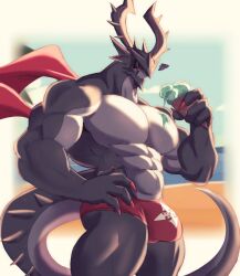 1boy beach bulge claws commentary dragalia_lost dragon_boy dragon_tail english_commentary food food_on_body food_on_pectorals furry furry_male hand_on_own_hip highres holding holding_ice_cream_cone ice_cream ice_cream_cone ice_cream_cone_spill juggermelon male_focus male_swimwear ocean red_male_swimwear shinobi_(dragalia_lost) squiggle tail