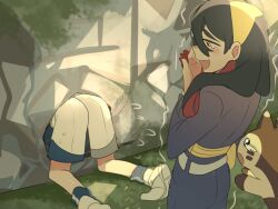 1boy 1girl :d belt black_hair blue_socks brother_and_sister carmine_(pokemon) commentary_request day fanny_pack flying_sweatdrops furret gen_2_pokemon gloves grass hairband hands_up highres jacket kieran_(pokemon) laughing multicolored_hair nintendo open_mouth outdoors pants pokemon pokemon_(creature) pokemon_sv red_gloves red_hair shoes shorts siblings single_glove smile socks stuck suikaels through_wall trembling two-tone_hair white_footwear white_shorts yellow_bag yellow_eyes yellow_hairband