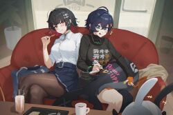 2girls :q bangboo_(zenless_zone_zero) belle_(zenless_zone_zero) black_choker black_pantyhose black_shirt blue_hair blue_skirt blush breasts candy choker coffee commentary couch ellen_joe ellen_joe_(on_campus) fins fish_tail flying_sweatdrops food green_eyes highres holding holding_candy holding_food holding_lollipop holding_marker indoors large_breasts light_particles lollipop marker multiple_girls on_couch pantyhose red_eyes roro_(tpghksdlzpq) shark_girl shark_tail shirt short_hair sitting skirt tail tongue tongue_out wavy_mouth white_shirt writing zenless_zone_zero