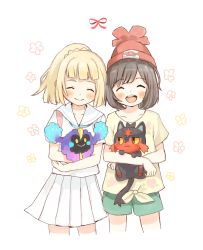 2girls :d ^_^ beanie blonde_hair blush brown_hair closed_eyes closed_mouth collarbone commentary_request cosmog facing_viewer floral_print foomi game_freak gen_7_pokemon green_shorts hat high_ponytail legendary_pokemon lillie_(pokemon) litten looking_at_viewer multiple_girls nintendo open_mouth pleated_skirt pokemon pokemon_(creature) pokemon_sm ponytail print_shirt red_hat school_uniform selene_(pokemon) serafuku shirt short_shorts short_sleeves shorts skirt smile teeth tied_shirt upper_teeth_only white_background white_shirt white_skirt yellow_shirt