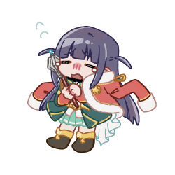 Rule 34 | 1girl, belt, belt buckle, black boots, blunt bangs, blush, boots, buckle, chibi, chibi only, chinese commentary, closed eyes, commentary request, floating, flying sweatdrops, fur-trimmed jacket, fur trim, furrowed brow, green jacket, green skirt, hands up, holding, holding mace, holding weapon, jacket, jacket on shoulders, long hair, love judgement (mace), mace, nose blush, open clothes, open jacket, open mouth, own hands together, purple hair, red jacket, red sleeve cuffs, rei931218, shirt, shoujo kageki revue starlight, sidelocks, simple background, skirt, solo, star (symbol), star print, tearing up, tsuyuzaki mahiru, two side up, waist cape, weapon, white background, white shirt, yellow belt, yellow trim