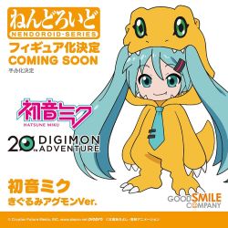 1girl ad agumon agumon_(cosplay) anniversary announcement aqua_eyes aqua_hair claws cosplay costume crossover digimon digimon_adventure digimon_adventure_tri. fang female_focus goodsmile_company green_eyes hatsune_miku long_hair necktie nendoroid official_art promotional_art smile solo twintails very_long_hair vocaloid