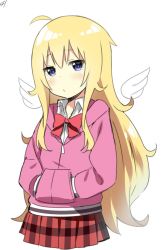 Rule 34 | 10s, 1girl, angel wings, blonde hair, bow, female focus, gabriel dropout, gabriel tenma white, highres, jacket, long hair, long sleeves, simple background, skirt, sky-freedom, solo, very long hair, white background, wings