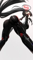 1girl adapted_costume ailushin ass bent_over black_bodysuit black_hair blue_archive bodysuit breasts cowboy_shot from_behind halo high_ponytail highres large_breasts long_hair looking_at_viewer ponytail red_eyes rio_(blue_archive) simple_background solo very_long_hair white_background white_bodysuit