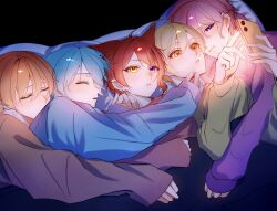 5boys animal_ears bimigohan16 blanket blonde_hair blue_hair blue_shirt cellphone closed_eyes closed_mouth colon_(stpri) hair_between_eyes heterochromia highres holding holding_phone hug jel_(stpri) long_sleeves looking_at_phone lying multiple_boys on_back orange_eyes orange_hair parted_lips phone pink_hair purple_eyes red_hair rinu_(stpri) root_(stpri) satomi_(stpri) shared_blanket shirt short_hair sleeping sleeves_past_wrists strawberry_prince under_covers