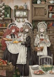 3girls apple apron bag basket black_bow black_bowtie black_dress black_skirt blonde_hair blunt_bangs book bottle bow bowtie braid bread bread_slice brown_eyes brown_hair capelet chair chest_of_drawers closed_eyes closed_mouth cloth commentary cooking_pot cup dress eyelashes food fried_egg frilled_apron frilled_capelet frilled_dress frills fruit garlic grapes hair_between_eyes highres holding holding_saucer holding_tray indoors jar long_dress long_hair long_skirt looking_at_viewer looking_to_the_side maid maid_headdress meat multiple_girls original paper_bag picnic_basket plant plate potato potted_plant puffy_sleeves pumpkin red_hair saika_usagi sandwich saucer shirt sidelocks skewer skirt sleeve_cuffs smile standing steam stew strawberry table tea teacup tomato tomato_slice tray turning_head twin_braids very_long_hair wavy_hair white_apron white_capelet white_shirt