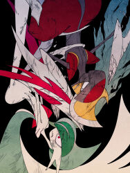 Rule 34 | 2others, arm blade, armor, battle, battle damage, bisharp, black background, breaking, broken, broken armor, broken weapon, cloak, cracked armor, cracked helmet, cracked skin, facing another, falling, gallade, gem, gen 4 pokemon, gen 5 pokemon, green hair, green helmet, grey helmet, grey trim, grimace, helmet, highres, injury, looking at another, looking down, mega gallade, mega pokemon, midair, mohawk, multiple others, nintendo, outstretched arms, pokemon, pokemon (creature), red eyes, red gemstone, red helmet, red trim, umi-be-to, weapon, white cloak