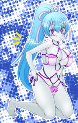 Rule 34 | 1girl, aoi (gegege no kitarou), bad id, bad pixiv id, barefoot, bikini, blue eyes, blue hair, blue skin, breasts, colored skin, feet, female focus, full body, gegege no kitarou, halftone, halftone background, huge breasts, long hair, matching hair/eyes, pale skin, ponytail, shibari, shibarikini, solo, swimsuit, toei animation, yuki onna