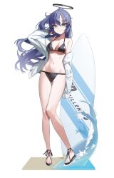 1girl absurdres alternate_costume arm_at_side bare_legs bare_shoulders bikini black_bikini black_halo black_sandals blue_archive blue_eyes breasts cleavage closed_mouth commentary_request floating_hair full_body halo halterneck hand_up highres jacket long_hair long_sleeves looking_at_viewer marks_(dmhunsu10) mechanical_halo medium_breasts millennium_science_school_logo navel open_clothes open_jacket pink_pupils ponytail purple_hair sandals simple_background smile solo standing stomach swimsuit thigh_gap toes white_background white_jacket yuuka_(blue_archive)