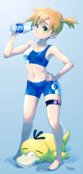 1girl barefoot bike_shorts bikini blush bottle breasts collarbone drinking feet gen_1_pokemon green_eyes gym_leader hand_on_own_hip highres holding holding_bottle knees legs looking_at_viewer midriff misty_(pokemon) navel nintendo orange_hair poke_ball pokemon pokemon_(creature) pokemon_rgby ponytail psyduck short_hair shorts side_ponytail small_breasts smile solo sports_bikini sports_bra sportswear standing swimsuit thigh_strap thighs water_bottle wet