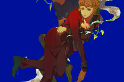 Rule 34 | 2boys, black shoes, blonde hair, blue background, blue shirt, brown shoes, bug, cleavage cutout, clothing cutout, collar, collared jacket, crop top, earrings, foot out of frame, giorno giovanna, green collar, green eyes, green sleeve cuffs, guido mista, head out of frame, highres, insect, jacket, jewelry, jojo no kimyou na bouken, knee pads, ladybug, ladybug ornament, leaning on person, looking down, lying on lap, lying on person, male focus, multiple boys, pants, pink jacket, pink pants, sang (3soun), shirt, shoes, solo focus, stud earrings, vento aureo, victory rolls, yaoi