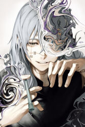 1boy absurdres air_(ai_r_) blue_hair grey_eyes highres jujutsu_kaisen long_hair mahito_(jujutsu_kaisen) male_focus scrunchie signature smile smoke solo stitched_arm stitched_face stitched_neck stitches swirling white_background