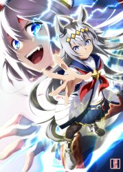Rule 34 | 2girls, ahoge, animal ears, anime coloring, armband, artist logo, belt, black pantyhose, blue eyes, blue sailor collar, blue skirt, boots, brooch, closed mouth, commentary, ear ornament, electricity, fang, fingerless gloves, from side, gloves, grey belt, grey boots, grey hair, hair ornament, headband, highres, horse ears, horse girl, horse tail, jewelry, kouji-nojima, logo, long hair, long sleeves, looking at viewer, midriff, miniskirt, multiple girls, navel, neckerchief, oguri cap (umamusume), open mouth, pantyhose, pleated skirt, reaching, reaching towards viewer, red headband, red neckerchief, sailor collar, shirt, skirt, smile, standing, star brooch, tail, tamamo cross (umamusume), umamusume, umamusume: cinderella gray, white gloves, white shirt