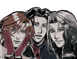 3boys angeal_hewley black_gloves blue_eyes crisis_core_final_fantasy_vii eyelashes facial_hair final_fantasy final_fantasy_vii genesis_rhapsodos gloves green_eyes hand_on_another&#039;s_cheek hand_on_another&#039;s_face hand_on_own_face ht8207 long_hair male_focus multiple_boys parted_lips red_gloves sephiroth short_hair slit_pupils sweatdrop turtleneck white_background